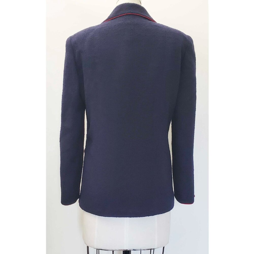 CHANEL Boutique Womens Vintage Navy Wool Boucle Blazer Logo CC Buttons Red Trim - Picture 10 of 15